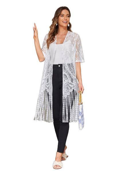 

emery rose fringe paisley pattern lace kimono u3d8#, White;black