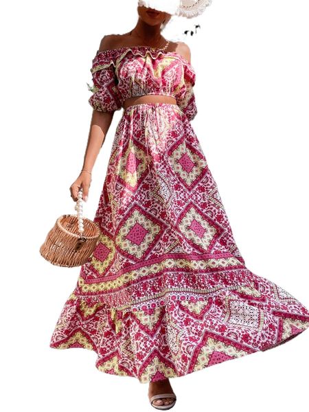 

floral & scarf print off shoulder ruffle trim & tie front skirt 54jl#, White