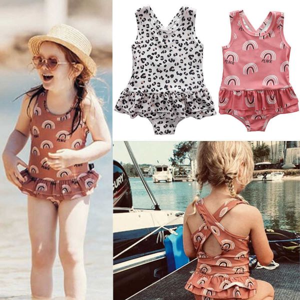 

summer girls' swimsuit rainbow leopard print children's holiday beach swimsuit children's swimsuit, Black