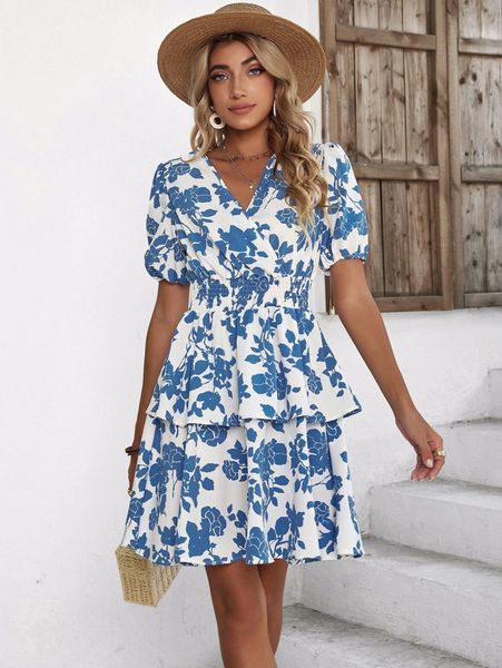 

floral pattern surplice neck puff sleeve layered hem dress s27c#, Black;gray