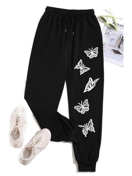 

butterfly print drawstring waist sweatpants d3rj#, Black;white