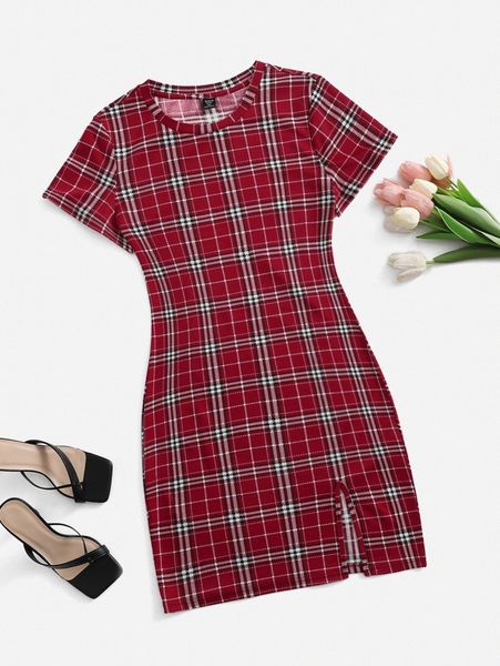 

plus slit hem plaid bodycon dress 53j4#, Black