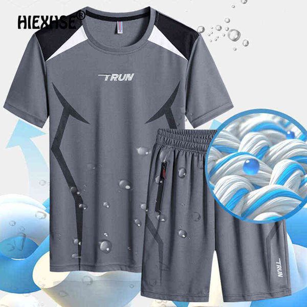 

2022 summer men's trend sports suit simple striped print casual outfit short-sleeved t-shirt shorts sportswear, Gray