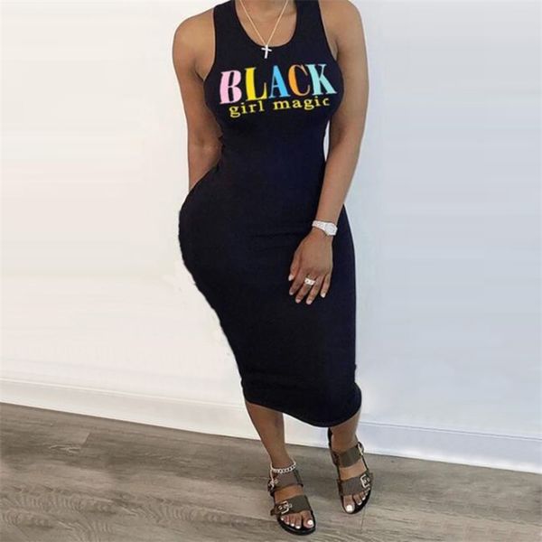 

summer women fashion s5xl plus size blackgirlmagic print sleeveless oneck slim midcalf dress bodycon maxi dresses 220712, Black;gray