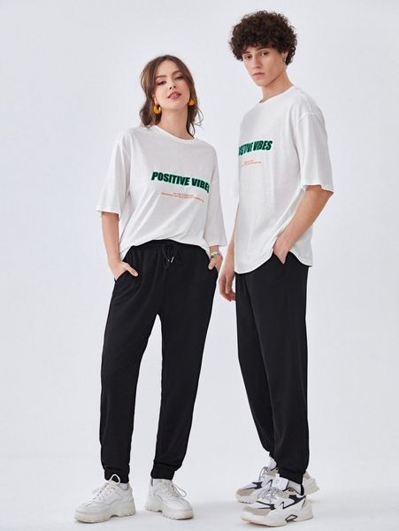 

1pc slogan graphic drop shoulder tee & 1pc sweatpants f24b#, Gray