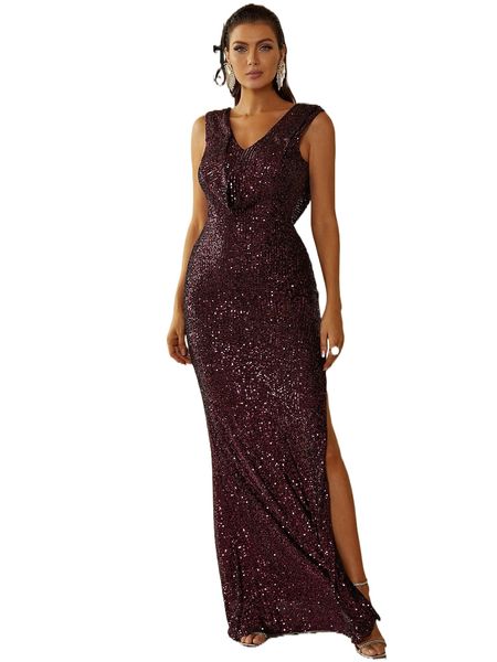 

missord draped front slit thigh mermaid hem sequin formal dress q6u3#, Black;gray