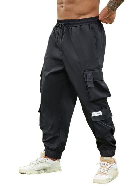 

extended sizes men letter patched flap pocket drawstring waist cargo pants h8ly#, Black