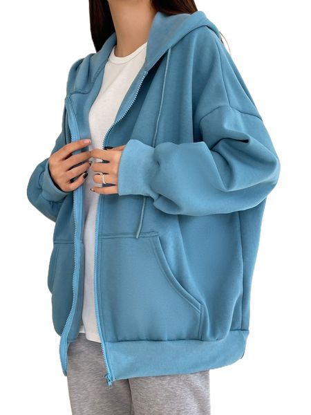 

dazy drop shoulder drawstring zipper oversized hoodie i9gb#, Black