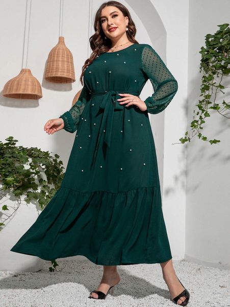 

plus pearls beaded swiss dot mesh lantern sleeve belted dress a4f1#, Black