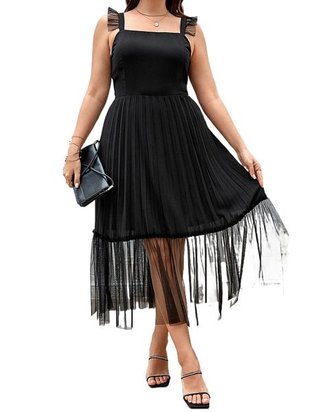 

plus contrast mesh pleated ruffle hem dress f1ky#, Black