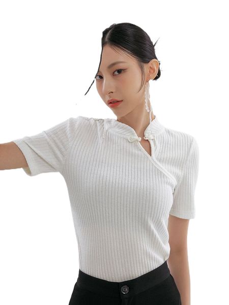 

dazy solid ribbed knit mandarin collar tee 09od#, White