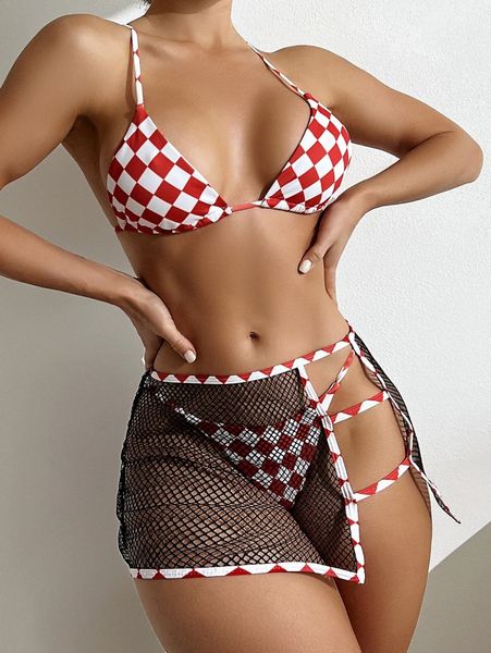 

plaid triangle bikini swimsuit with beach skirt u6ie#, White;black