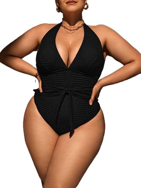 

plus textured knot front one piece swimsuit g7ih#, White;black
