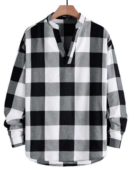 

men buffalo plaid print notched neckline shirt 66yd#, White;black