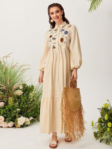 

lantern sleeve embroidery floral shirt dress r1z4#, Black;gray