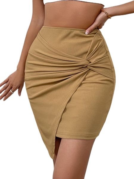 

twist front asymmetrical hem bodycon skirt d8pu#, Black