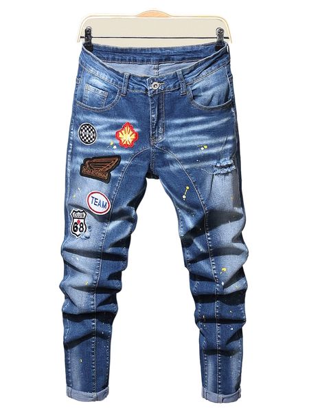 

men paint drip print patch detail ripped jeans a5fh#, Blue