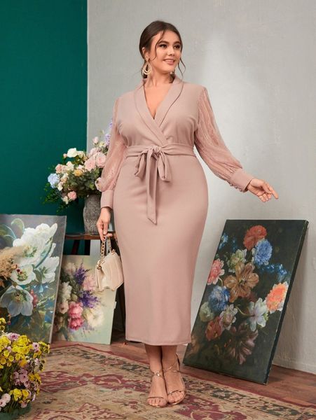 

plus shawl collar lace sleeve dress without belt s913#, Black