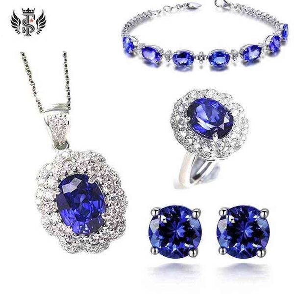 Bracciale gioielli con diamanti colorati Anello con petali di tanzanite Ciondolo in cristallo blu Set di gioielli con orecchini con zaffiro a quattro artigli234A