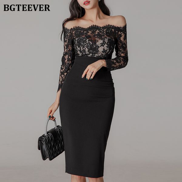 

elegant women lace patchwork one-shoulder midi dress slim female package hip dress fashion split vestidos femme, Black;gray
