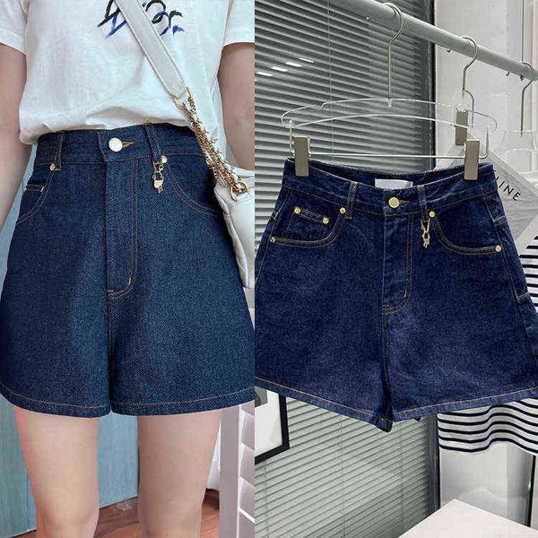 

spring and summer dr's saddle bag chain embroidery high waist thin leg length versatile denim shorts women, Blue