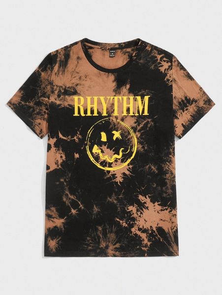 

men letter & cartoon face print tie dye tee d3ci#, White;black