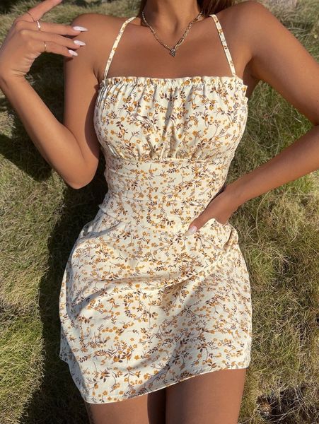 

ditsy floral frill trim backless knot cami dress e5gn#, Black;gray