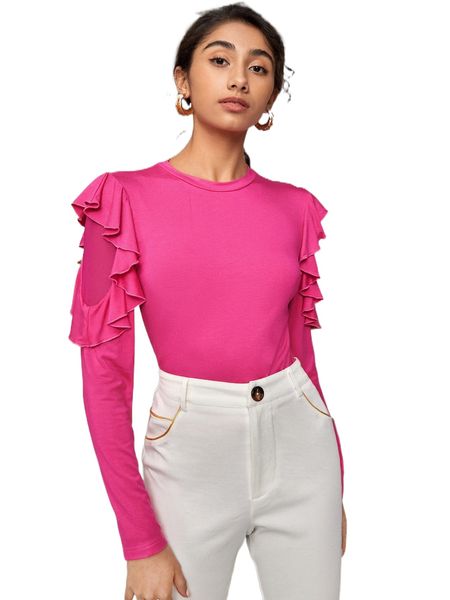 

solid ruffle trim tee c0bl#, White