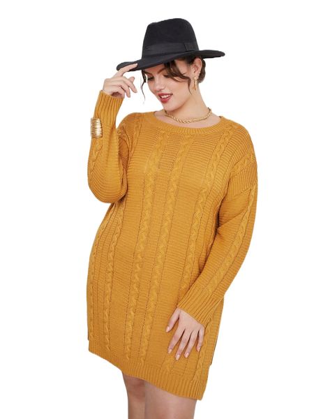 

plus cable knit drop shoulder sweater dress n97d#, Black