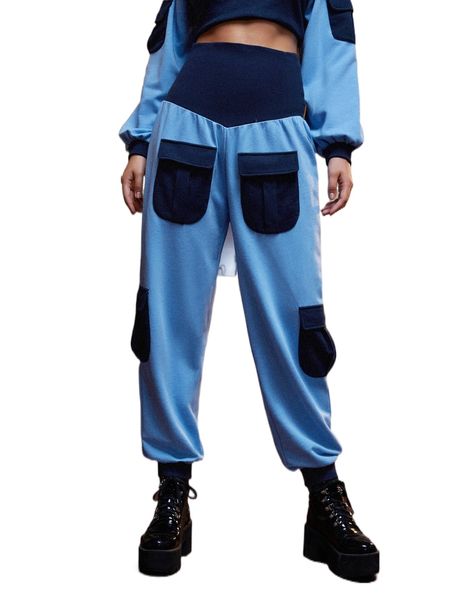 

x treyne high waist color block patched pocket sweatpants x7sd#, Black;white