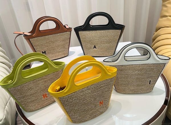 

embroidered woven handbag women beach shopping bag girls weaving shoulder bags with genuine leather summer tote high quality
