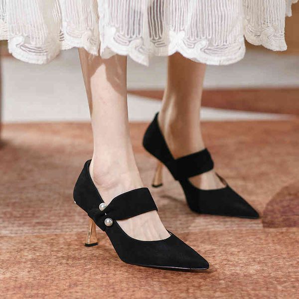 

boots frosted leather high heels women's pointed thin french fashion pearl one line buckle single shoes cat 965p, Black