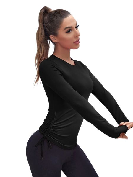 

breathable softness ruched drawstring marled knit sports tee m6ze#, Gray