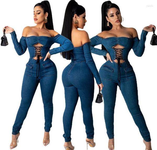 Damen Jumpsuits Strampler 2022 Frauen Blau Sexy Schulterfrei Riemchen Denim Overall Langarm Overalls Party Club Bodysuit Einteiler Outf