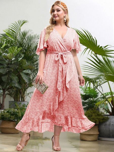 

plus ditsy floral belted ruffle wrap a-line dress i1n7#, Black