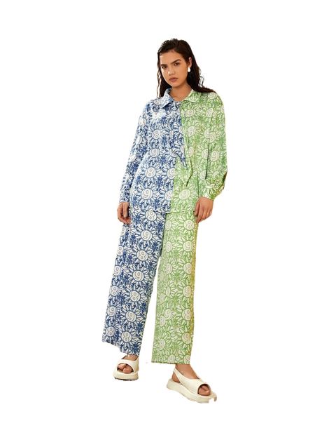 

letter & floral print colorblock pants l198#, Black;white