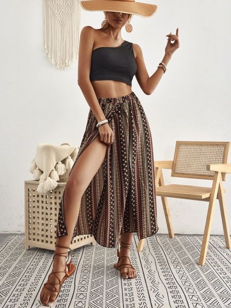 

one shoulder crop & ditsy floral print wrap skirt k5vj#, White