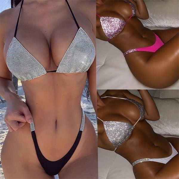 Сексуальные женщины Sequin Crystal Diamond Push Up Bikini Set Bra Bra Высокая талия купальные купальные костюмы 220616