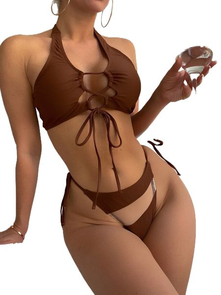 

lace up front tie side bikini swimsuit v069#, White;black