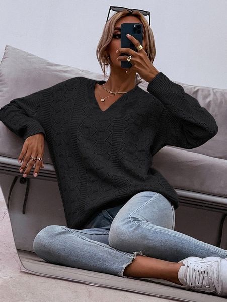 

drop shoulder pointelle knit sweater 93bh#, White;black