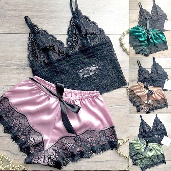 

womens sleepwear women pyjama set white lace v-neck pyjamas sleeveless cami and shorts patchwork pajama, Black;red