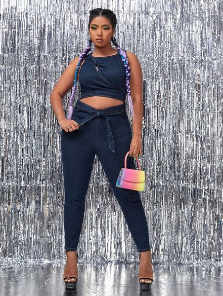 

plus cut out tie front denim overalls 41cc#, Black;white
