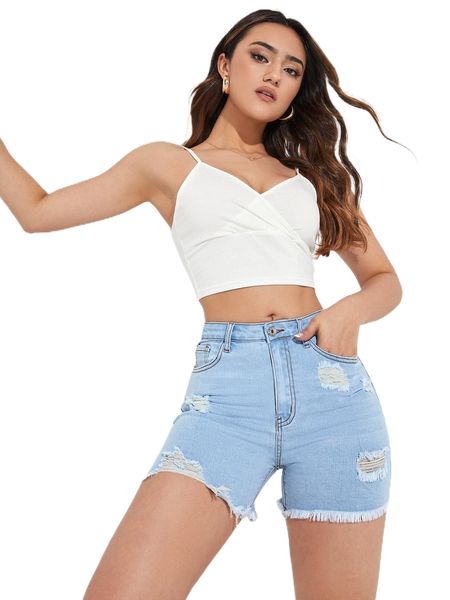 

ripped raw hem denim shorts t9bs#, White;black