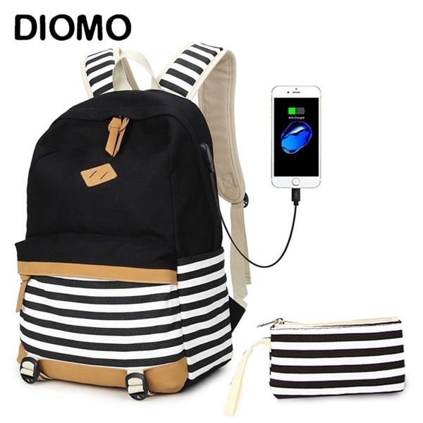 DIOMO Borse da scuola di ricarica USB per ragazze Canvas Cotton Fabric Fashion Striped Zaino per bambini Borsa Pack Schoolbag LJ201225