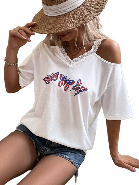 

butterfly print cold shoulder tee e2e2#, White
