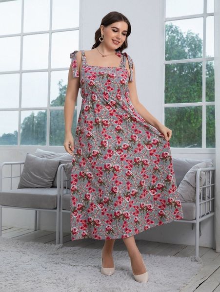 

plus floral print tie shoulder satin cami dress d42g#, Black