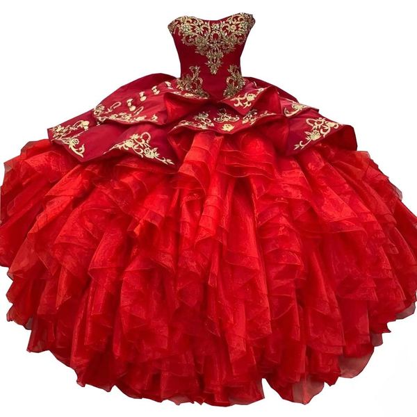 Abiti Quinceanera Abito da ballo ricamato in oro Abito da ballo Raso Lunghezza pavimento Corsetto Prom Party Vestidos De 15 Anos