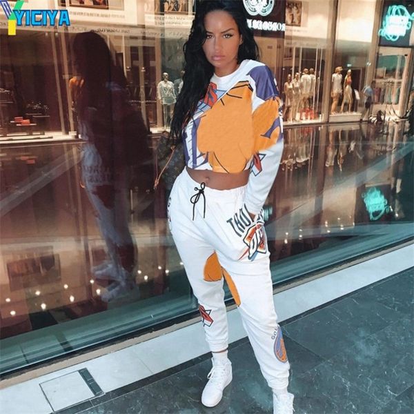 

yiciya women tracksuit 2 piece set plus size sweatsuit woman o-neck casual print long sleeve crop and pants female outfits 220318, White