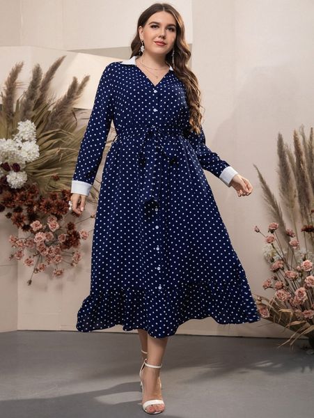 

plus polka dot contrast collar ruffle hem belted dress h2kj#, Black