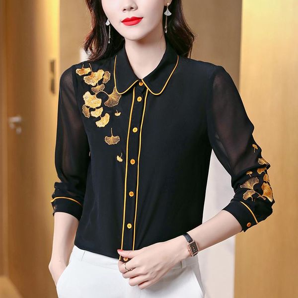

women's blouses & shirts spring autumn women black shirt elegant turn-down collar long sleeve embroidery loose office lady real si, White